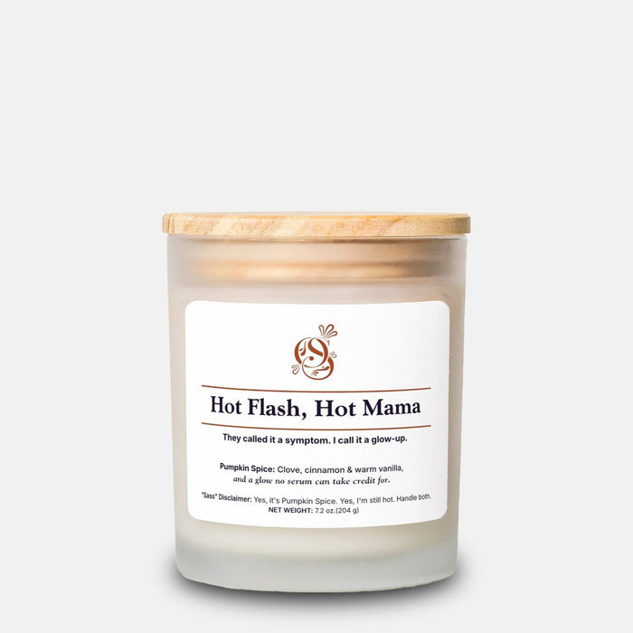 Hot Flash, Hot Mama candle in a frosted glass jar with a wood wick, Pumpkin Spice scent.
