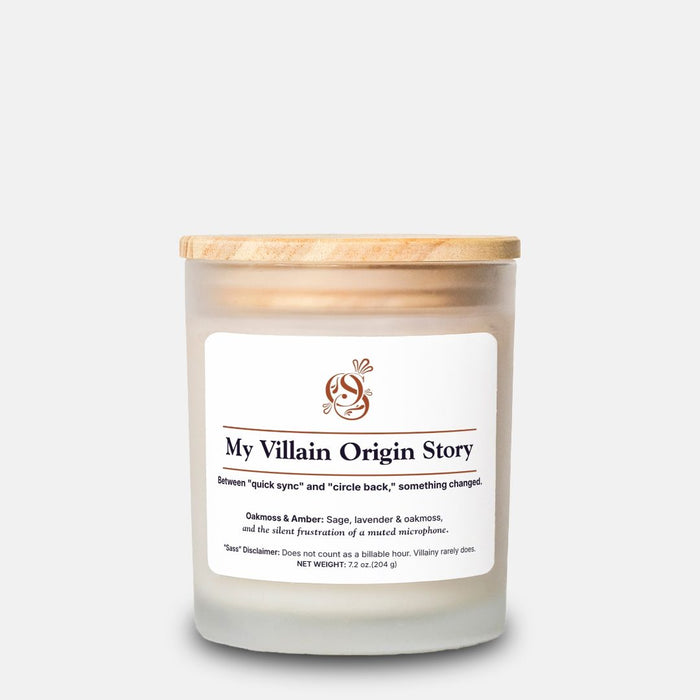 My Villain Origin Story candle in a frosted glass jar with a wood wick, Oakmoss & Amber scent.