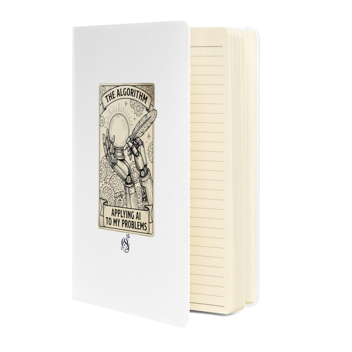 Matte white hardcover notebook shown at an angle with its elastic closure band.