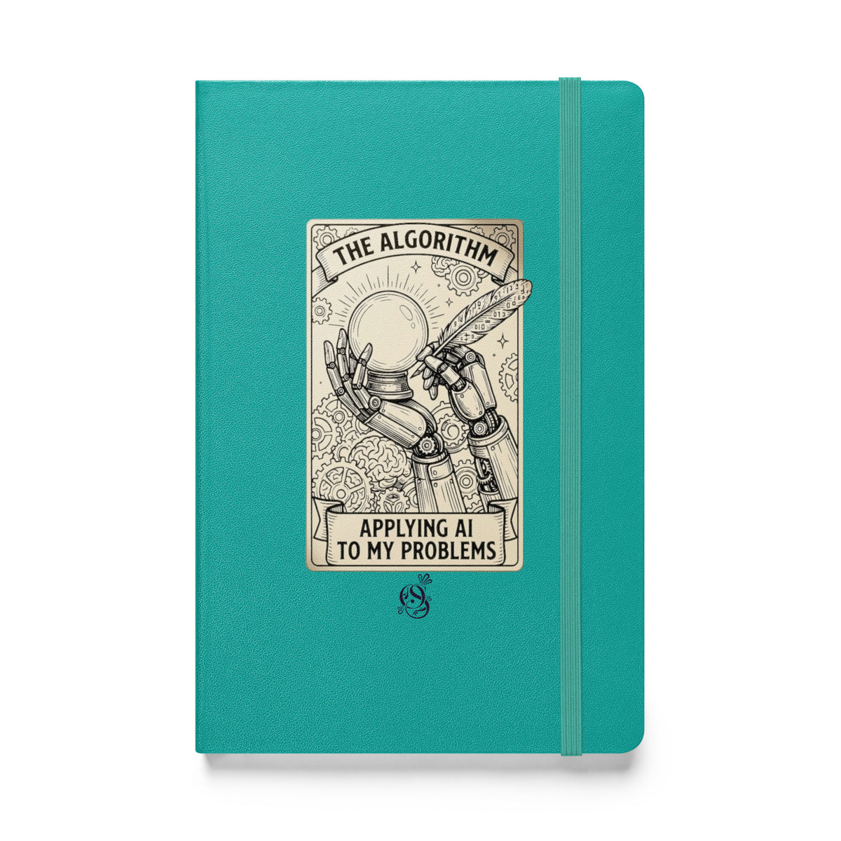 A5 hardcover notebook in a turquoise-green finish with "Applying AI to My Problems" on the cover.