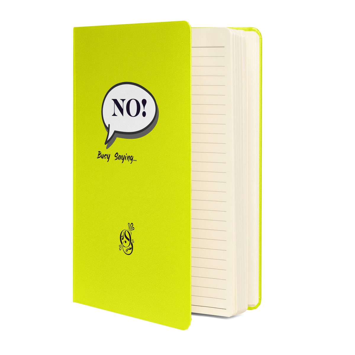 Chartreuse hardcover notebook shown at an angle with its elastic closure band.