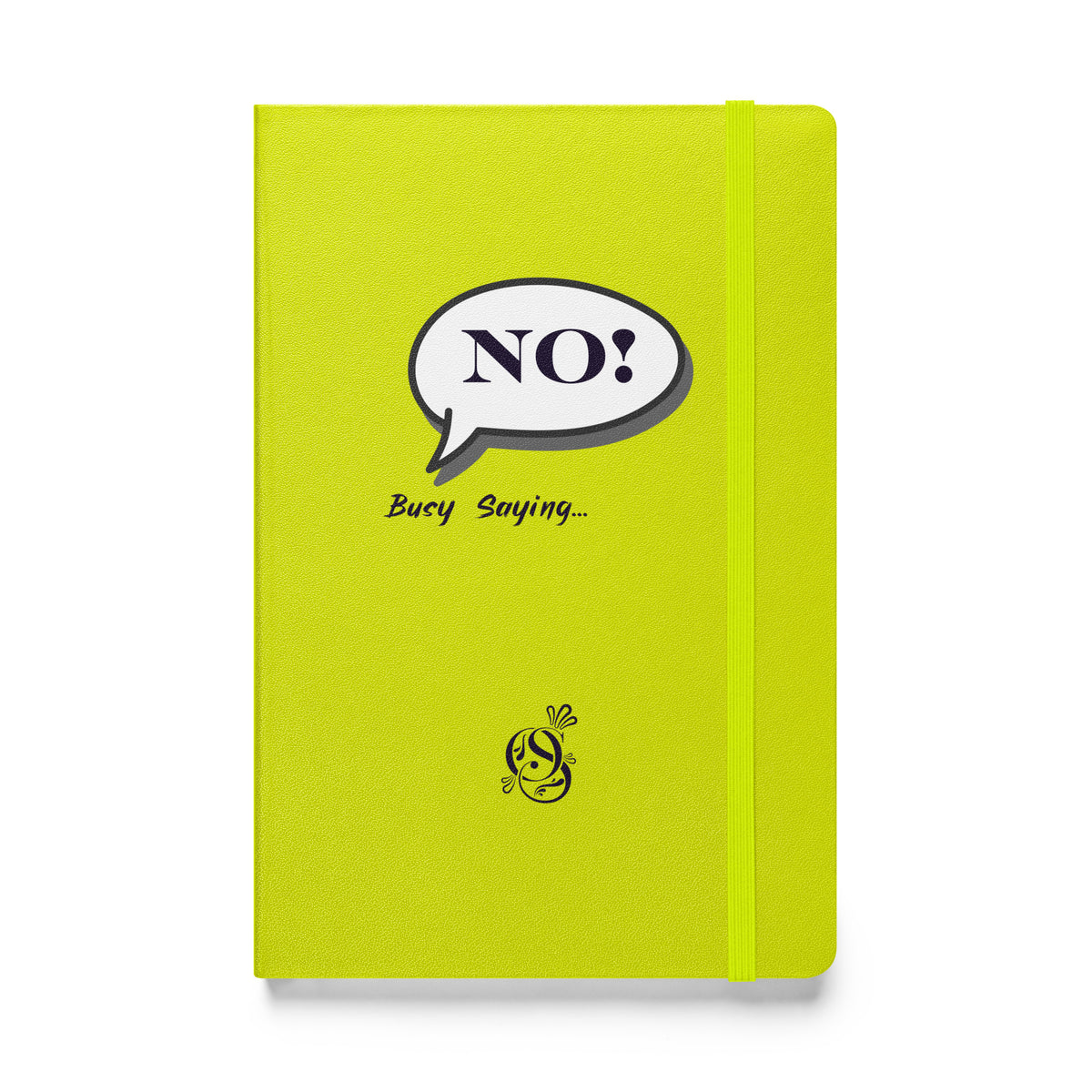 A5 hardcover notebook in chartreuse with a white "NO!" speech-bubble design on the cover.