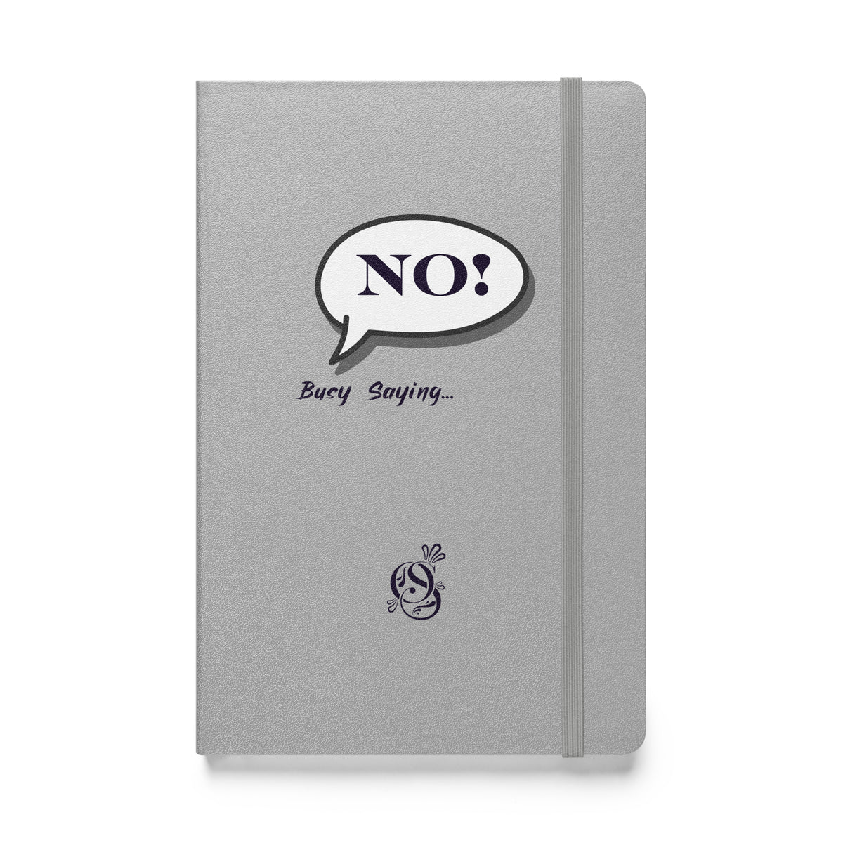 A5 hardcover notebook in a matte silver-gray finish with the "NO!" cover design.
